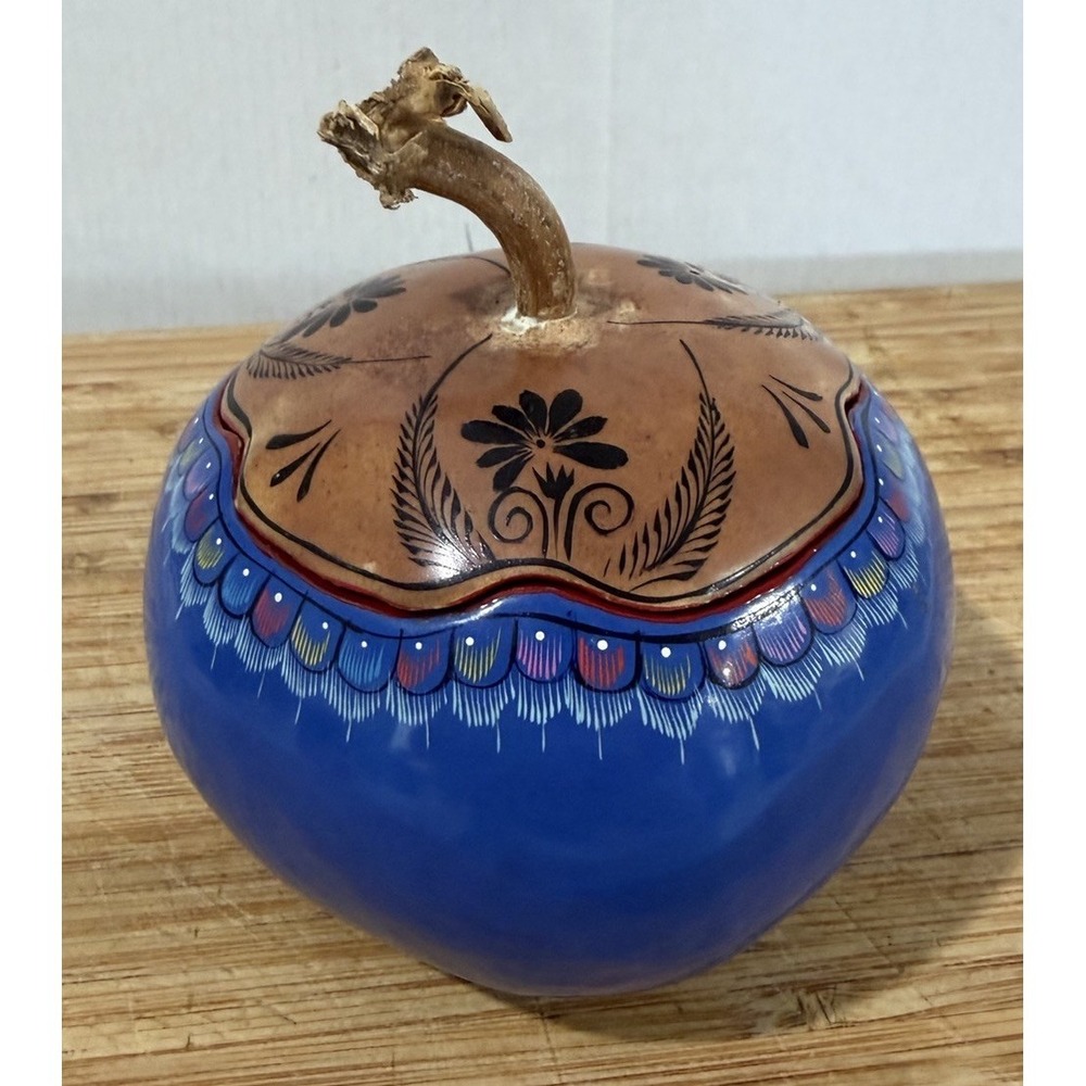 Blue Lacquered Painted Gourd Trinket Box Boho Folk Art Small Hand Crafted